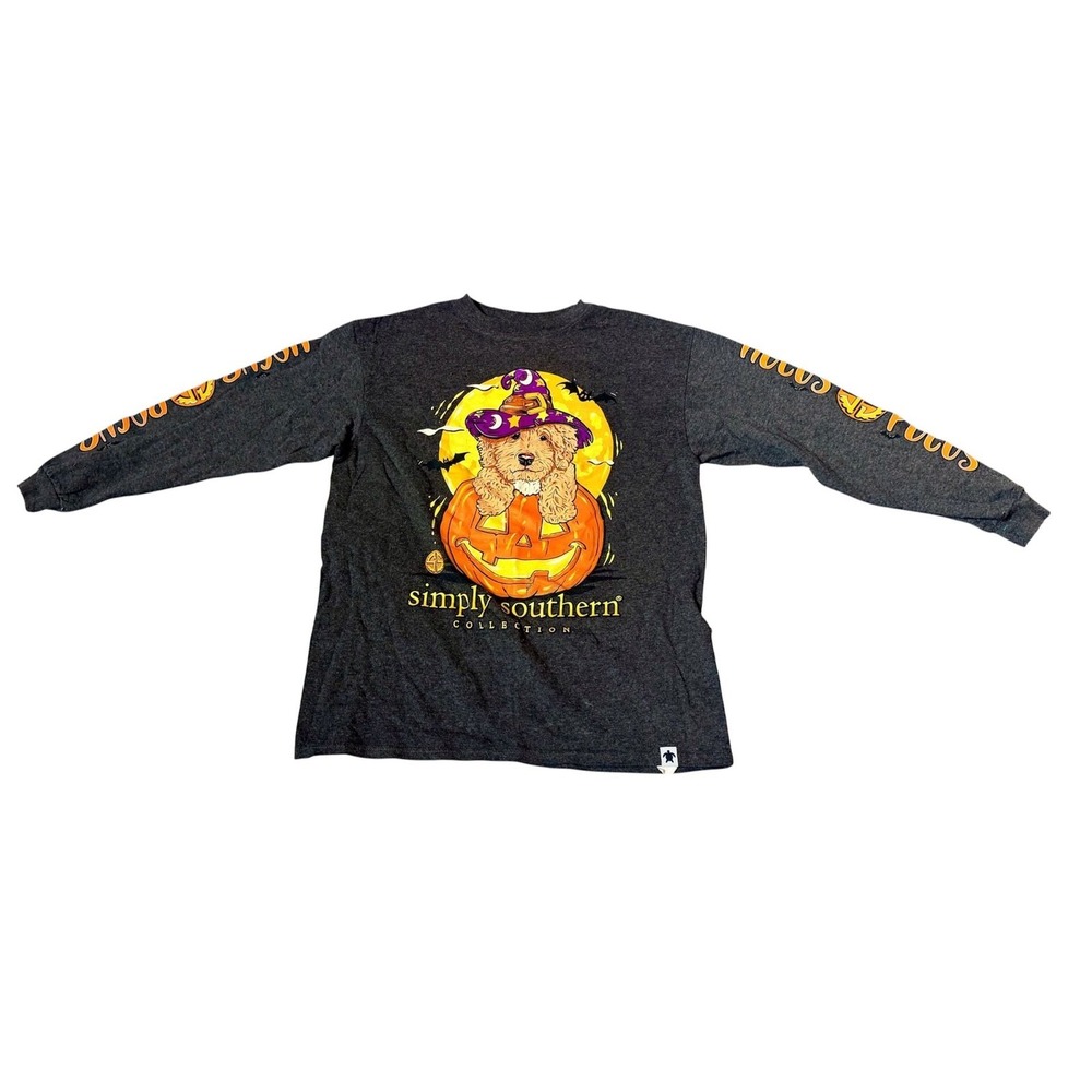 Simply Southern Dog Pumpkin Witch Hat Halloween Long Sleeve T-Shirt Youth Medium